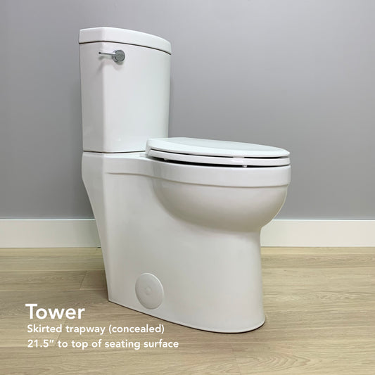Tall skirted 20 inch toilet with Concealed trapway Available at Home Depot, Lowe's, Menards, and Amazon