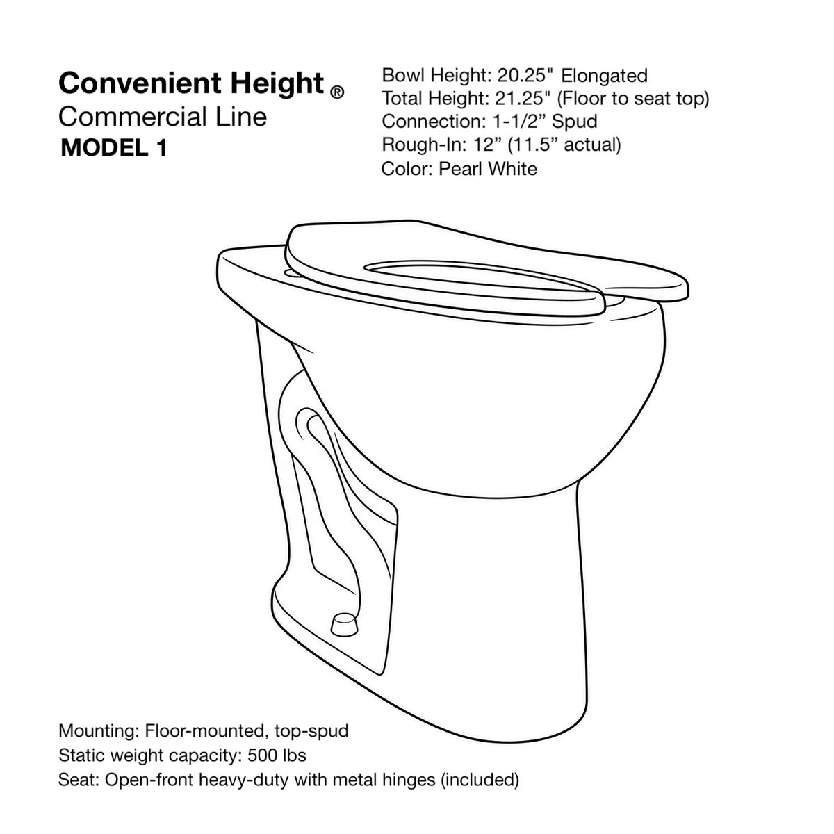 Commercial 20-21" Extra Tall Elongated Bowl with Spud (flushometer ready)