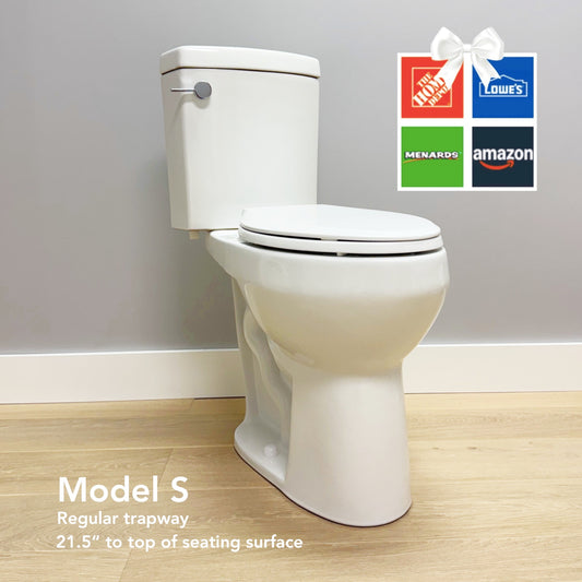 White Tall toilet on a wooden floor Available at Home Depot, Lowe's, Menards, and Amazon