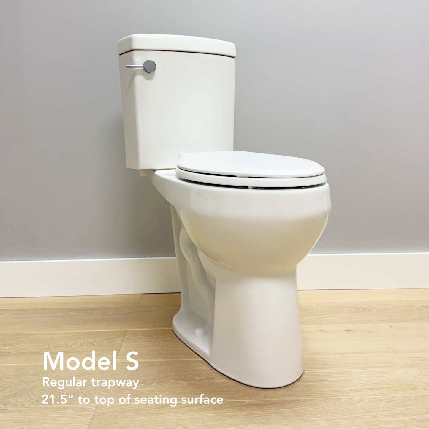 White toilet with Model S label on a wooden floor and gray wall background