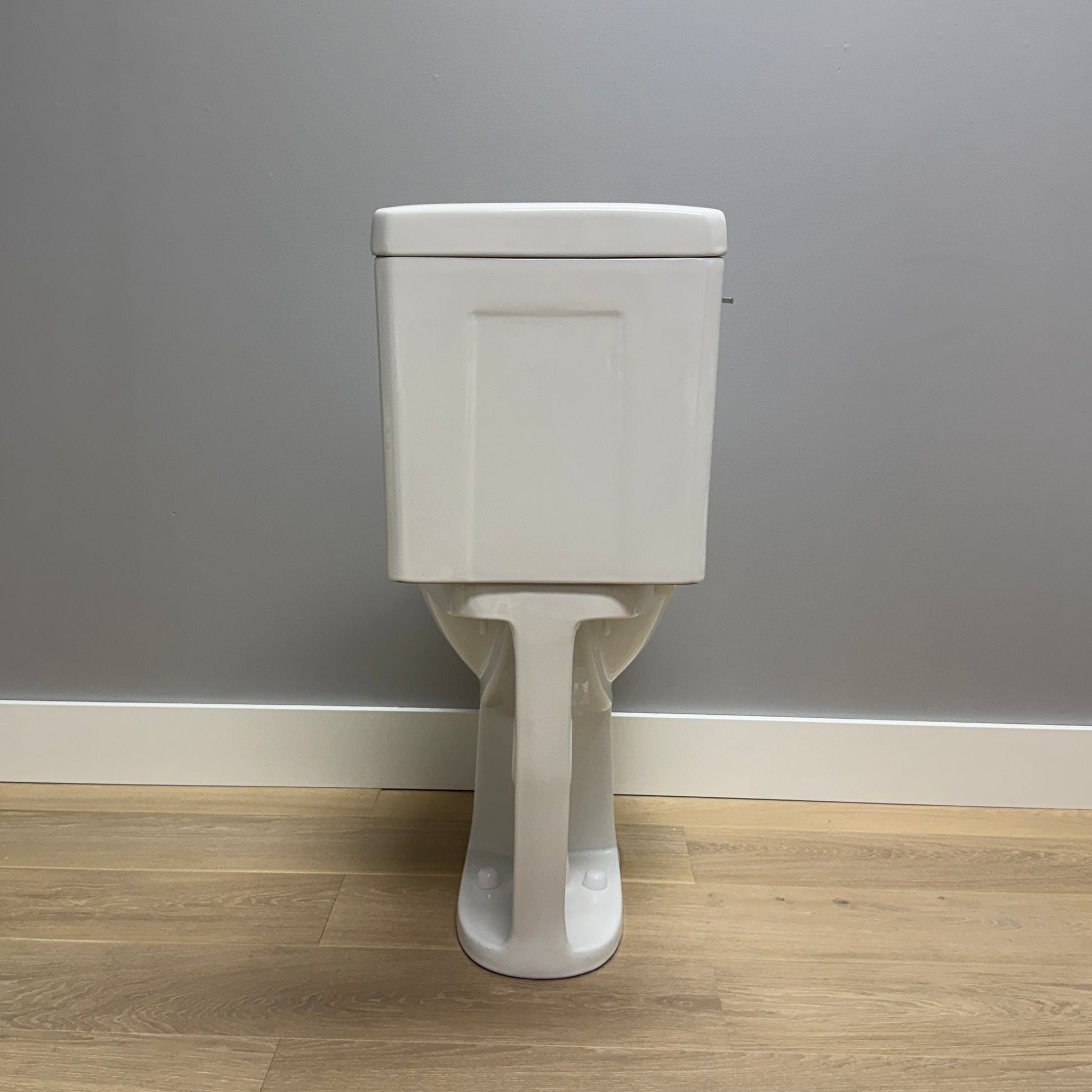 Rear view of the White toilet against a gray wall on a wooden floor