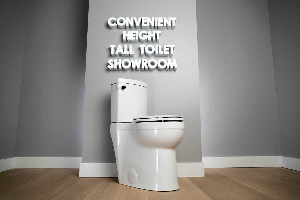 Plumbing showroom with Tall Toilet sign above extra high bowl toilet model