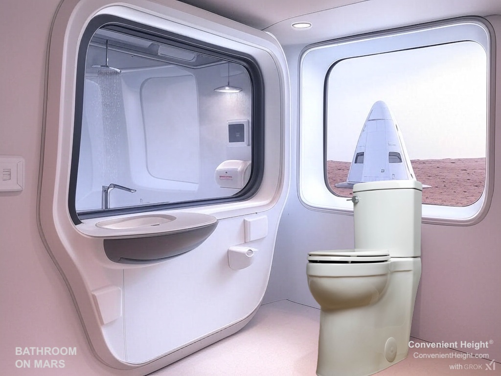 How will bathrooms look on Mars? The design shown, with a futuristic bathroom and Mars landscape view, aligns with real-world space toilet technology using air flow systems, as described in NASA's Waste Collection System for zero-gravity environments.